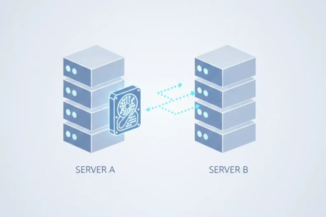A conceptual diagram showing a virtual disk being detached from a broken VM and attached to a healthy VM for repair.