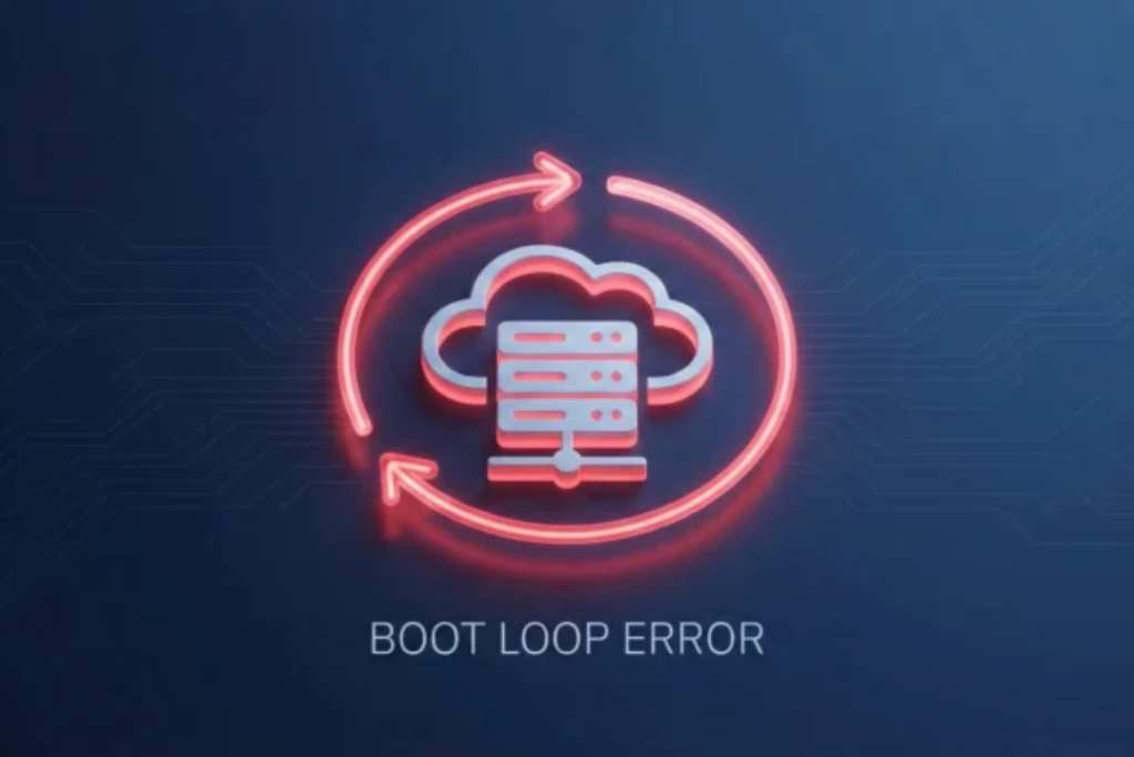 Illustration of a cloud server with a red warning light surrounded by a recycling arrow, symbolizing a boot loop error.