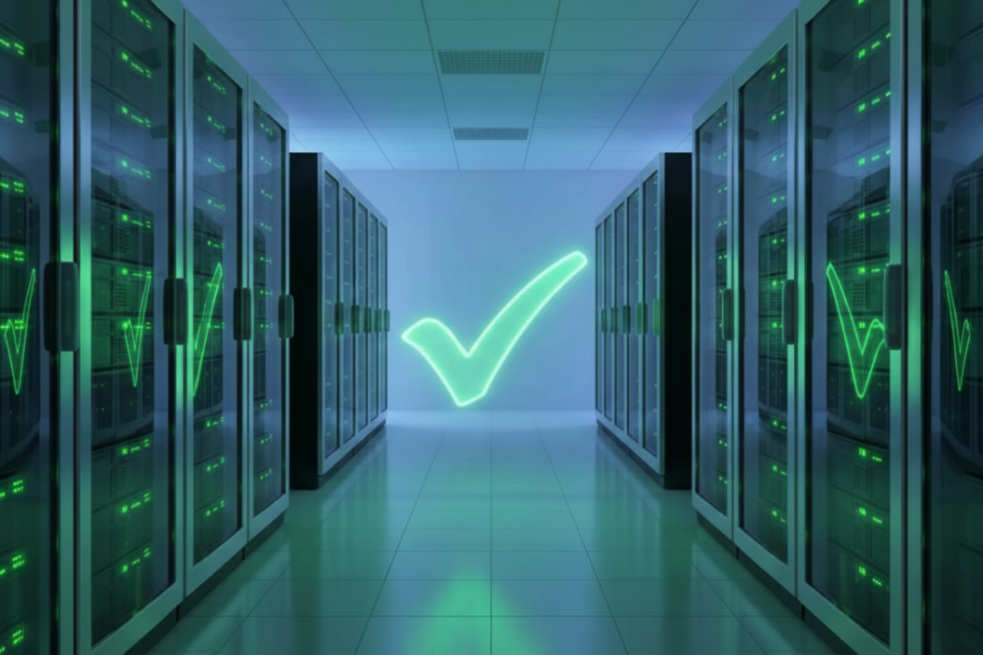 A clean, organized server room with green status lights, symbolizing a successfully repaired and running cloud server.
