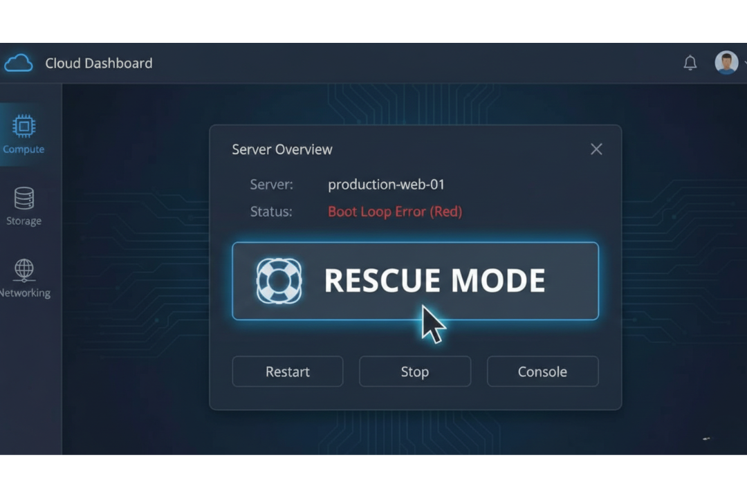 Screenshot or mockup of a cloud dashboard interface showing the mouse cursor clicking the "Rescue Mode" button.