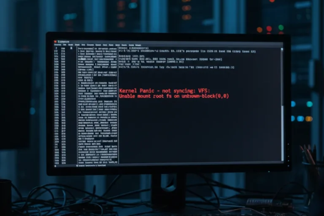 A close-up of a terminal screen showing a Linux kernel panic error and system boot logs.