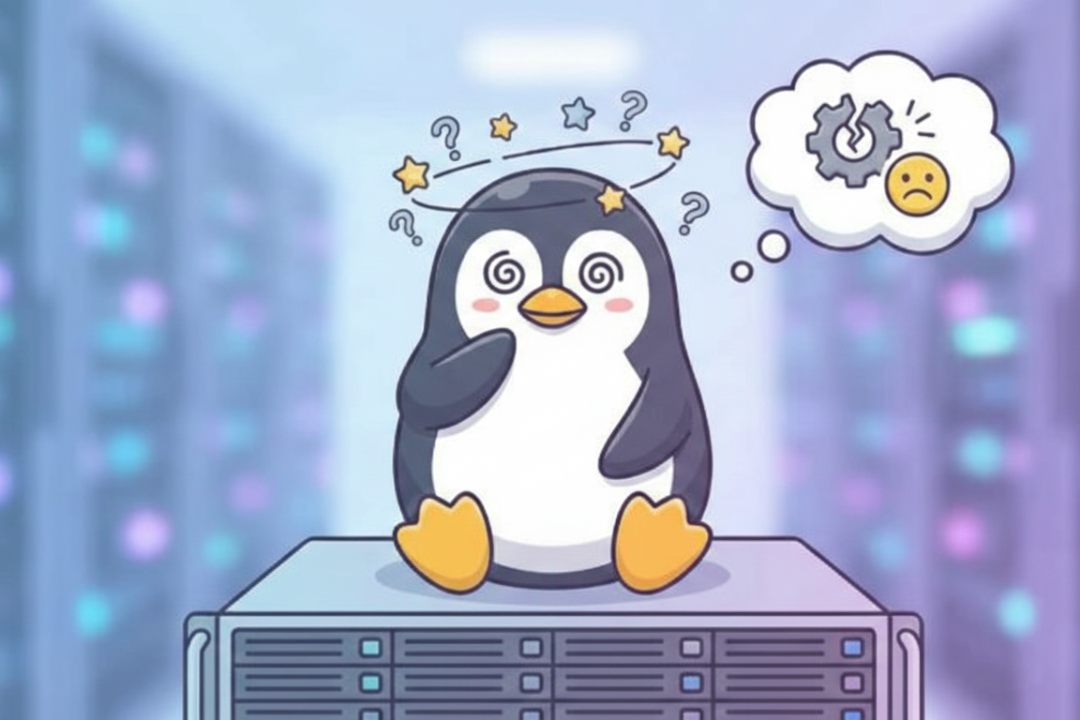 Illustration of a confused Linux penguin with dizzy stars, representing a kernel panic system crash.