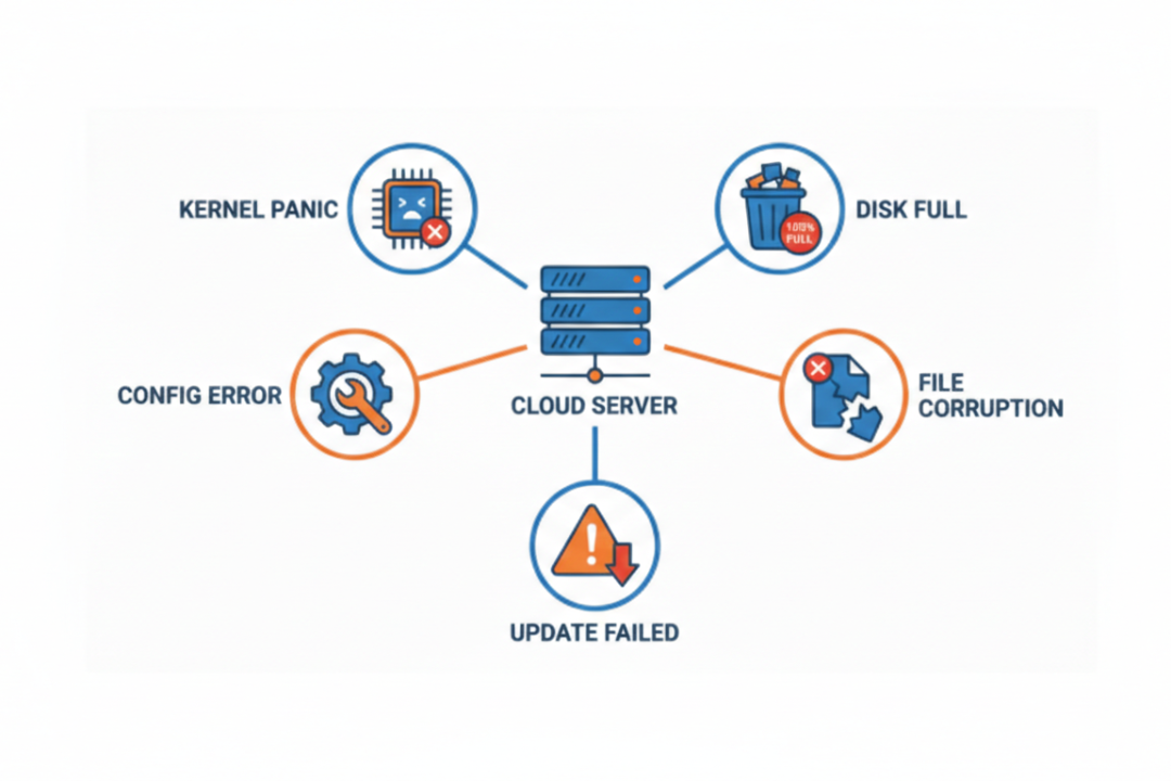 Diagram showing common causes of server boot loops: disk full, file system corruption, failed updates, config errors, and kernel panic.