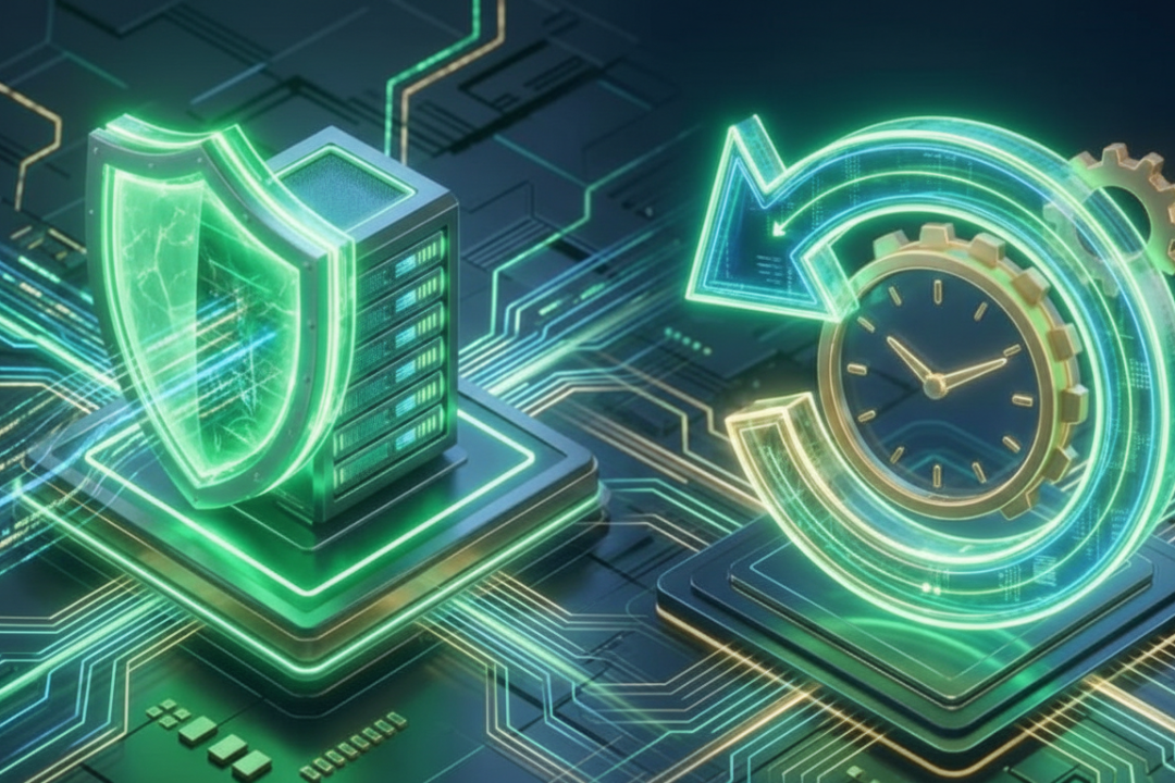 3D icon of a shield and an undo arrow, representing the safety of restoring a cloud server from a backup snapshot.