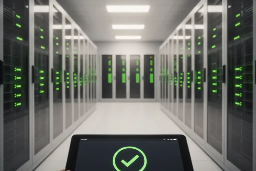 A professional image of a server room with green status lights representing a stable and healthy virtual environment.