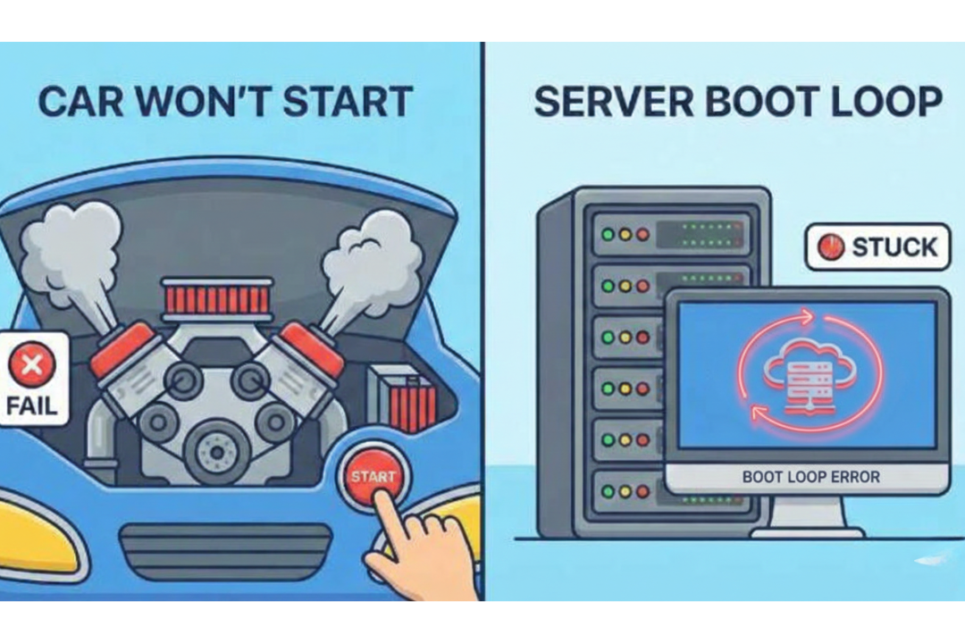 Split comparison showing a car engine smoking alongside a computer server stuck at 99% loading, illustrating a boot failure.