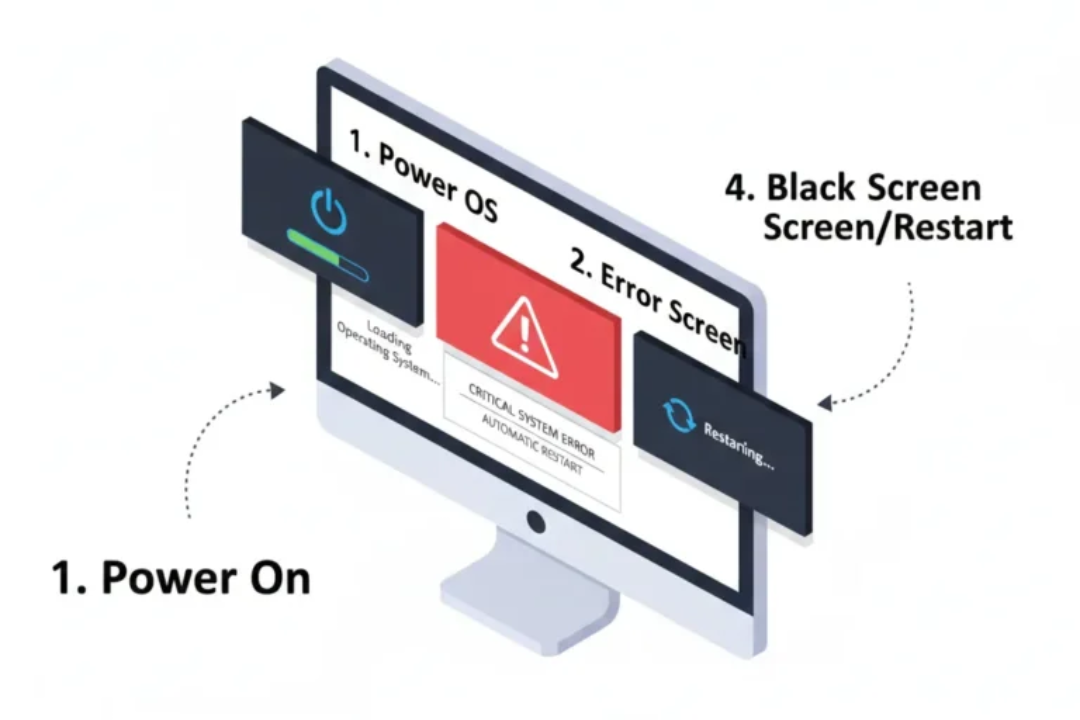 An infographic showing the four stages of a VM boot loop: Power on, OS loading, error occurs, and automatic restart.
