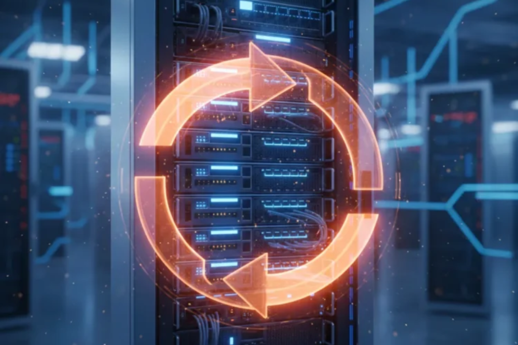3D illustration of a cloud server rack with a glowing circular reload icon indicating a continuous reboot cycle.