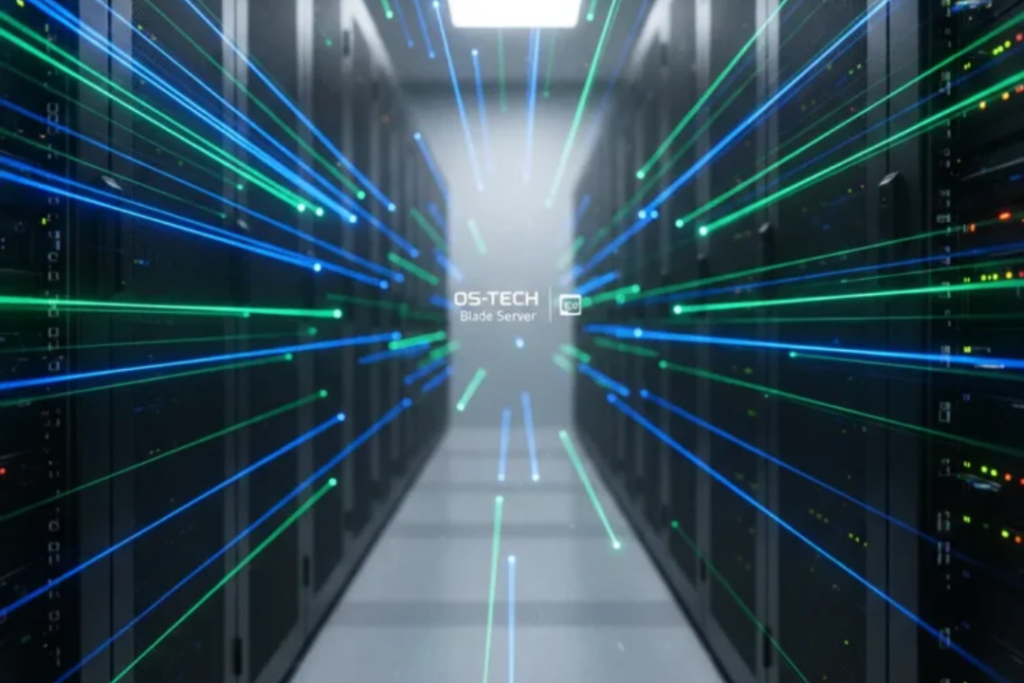 A professional server room with glowing blue LED lights on modern server racks, representing a high-uptime enterprise environment.