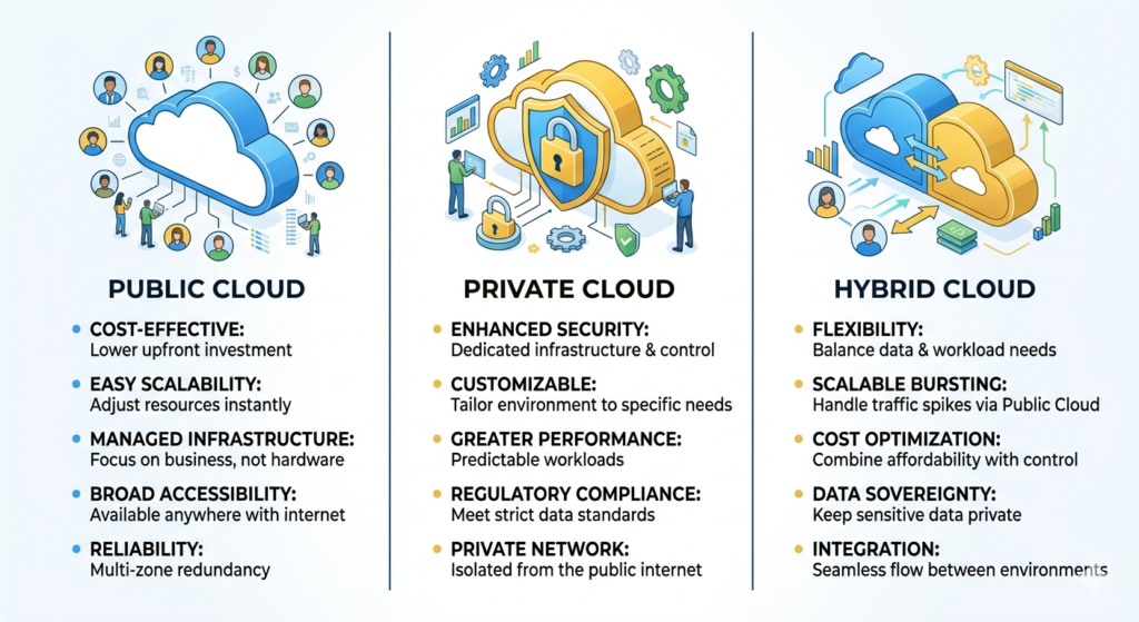 An infographic illustrating the differences between Public Cloud, Private Cloud, and Hybrid Cloud hosting models.