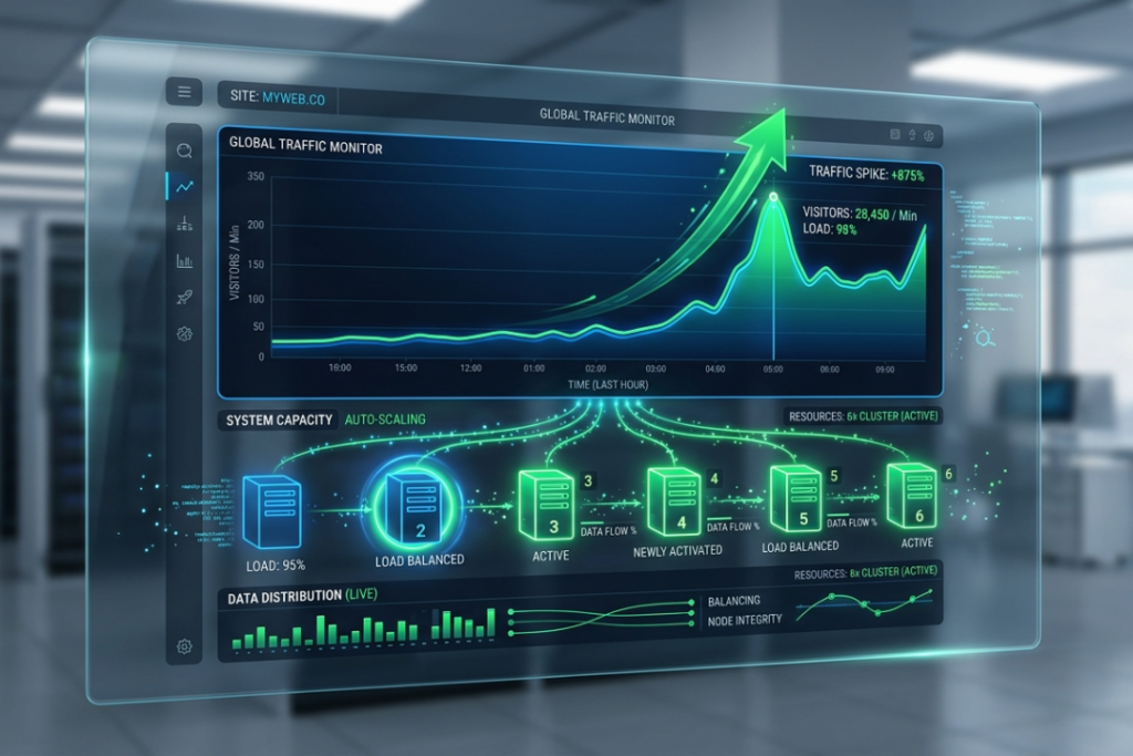 A visual representation showing a cloud hosting system automatically adding and activating server resources to handle a website traffic spike.