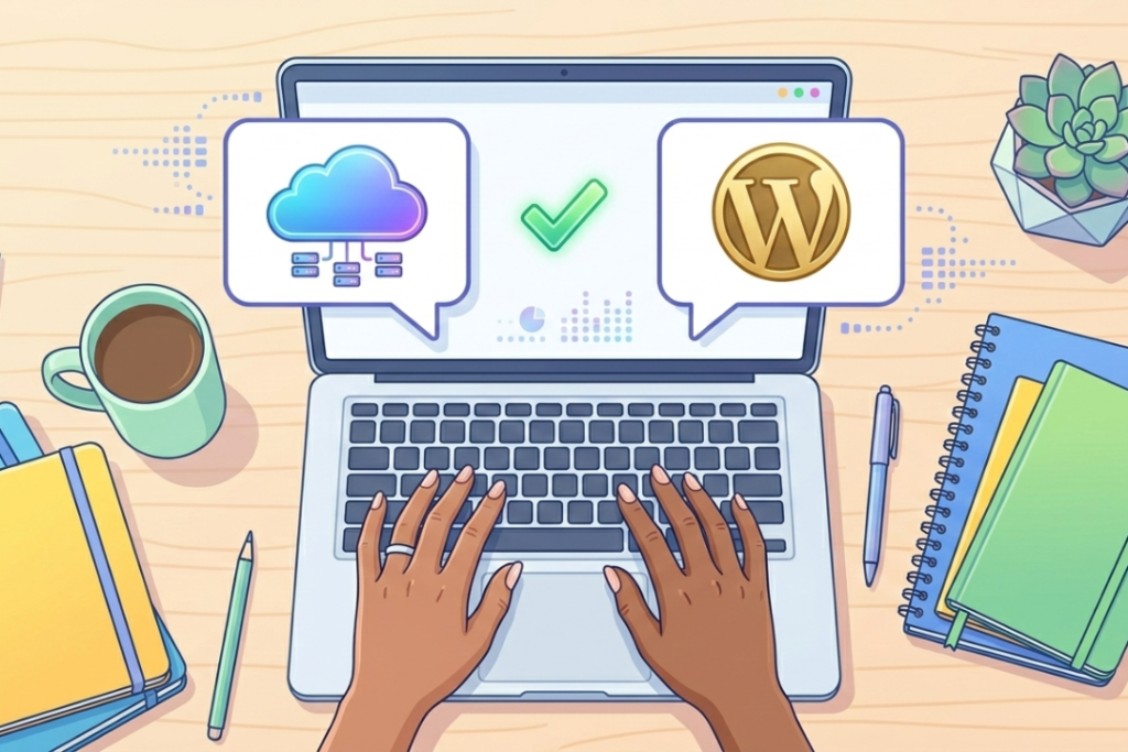 A clean flat-lay illustration of a laptop with cloud and WordPress icons, representing the choice a user makes when picking a hosting plan.