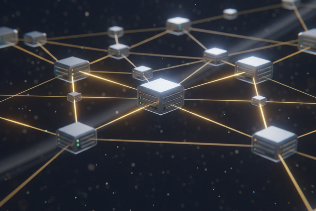 A network of interconnected silver server nodes in a digital sky with golden light beams, illustrating the reliability and redundancy of cloud hosting.
