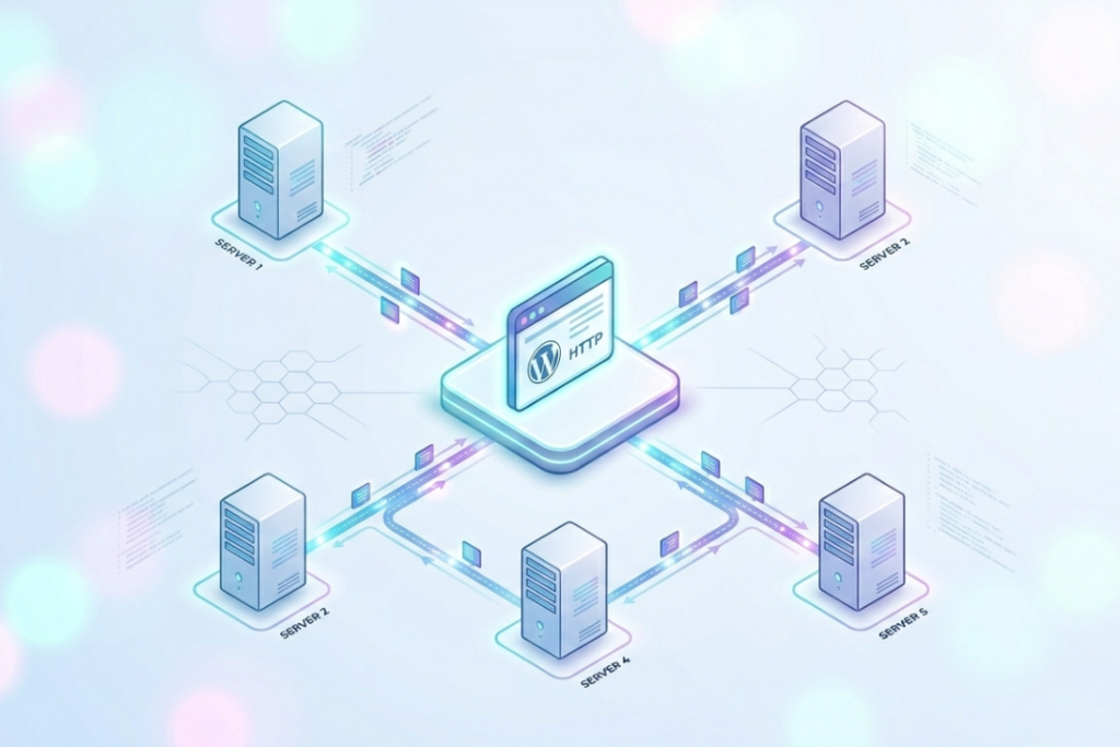 A minimalist digital diagram showing a website connected to multiple interconnected server nodes, illustrating how cloud hosting provides high uptime.