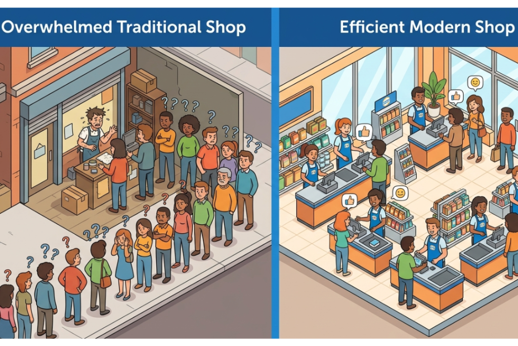 An illustration comparing traditional hosting (one overworked server) to cloud hosting (multiple servers sharing the load) using a shop analogy.