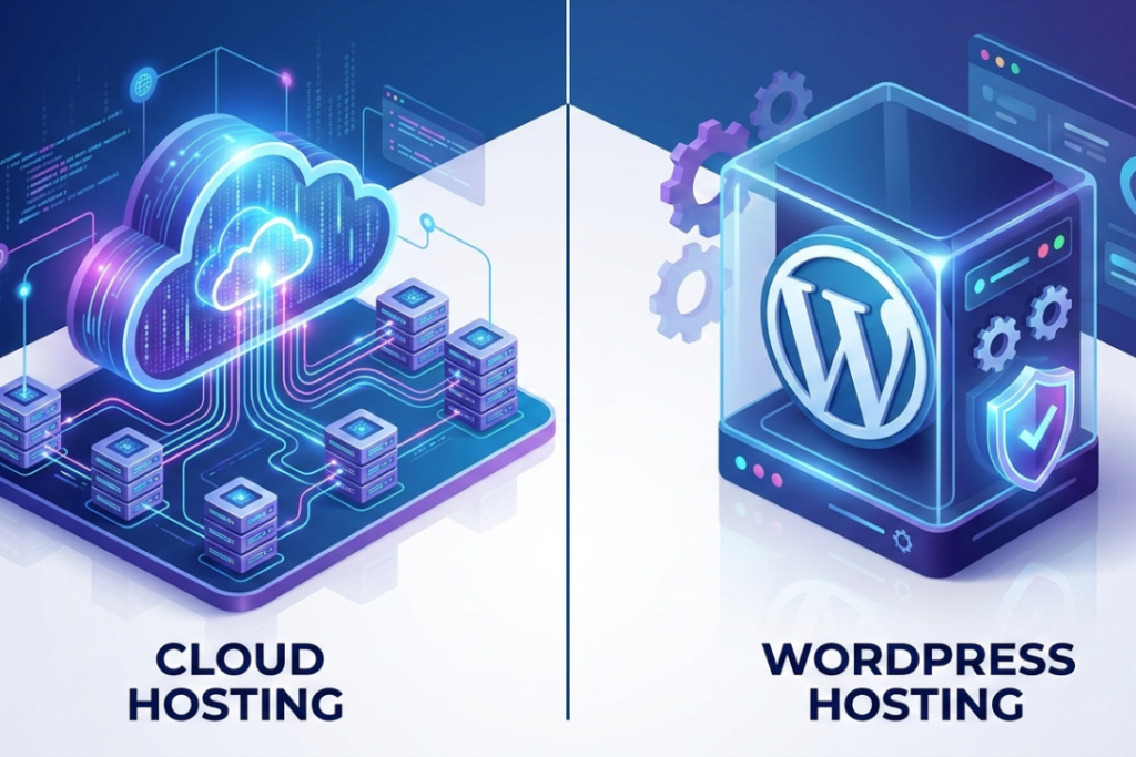A split 3D illustration comparing a decentralized cloud server network on the left with an optimized, secure WordPress hosting environment on the right.
