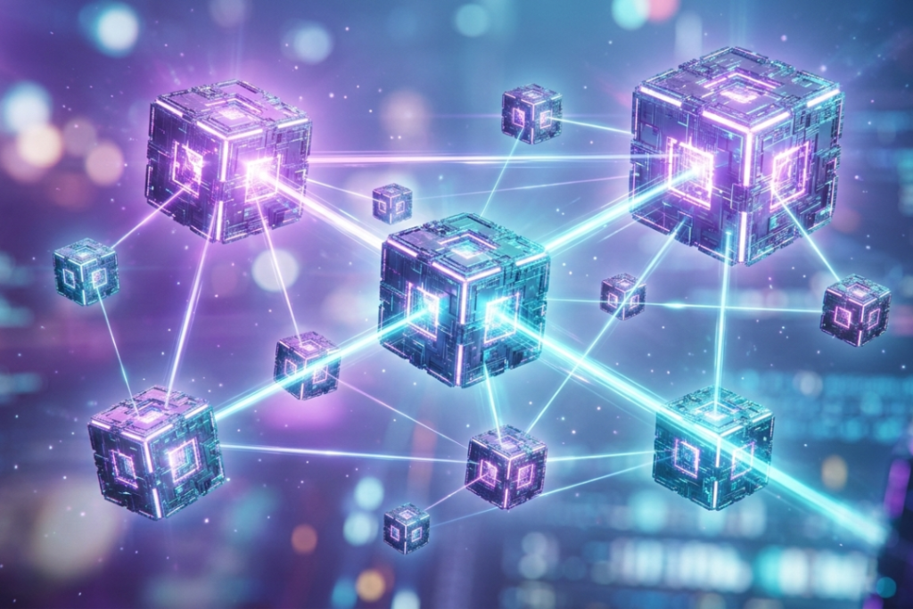A futuristic visualization of a cloud computing network featuring floating digital cubes connected by beams of purple and cyan light. The cubes vary in size, representing flexibility and dynamic scaling against a bokeh high-tech background.