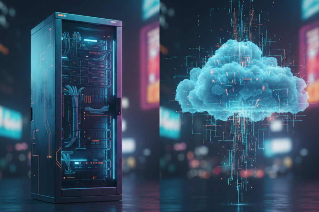 A split-screen digital illustration showing a physical server rack on the left and a glowing blue cloud network on the right, representing the difference between shared and cloud hosting.