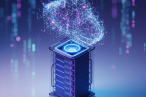 A 3D isometric illustration of a glowing digital cloud hovering over a modern server rack, representing the choice between cloud and traditional web hosting.