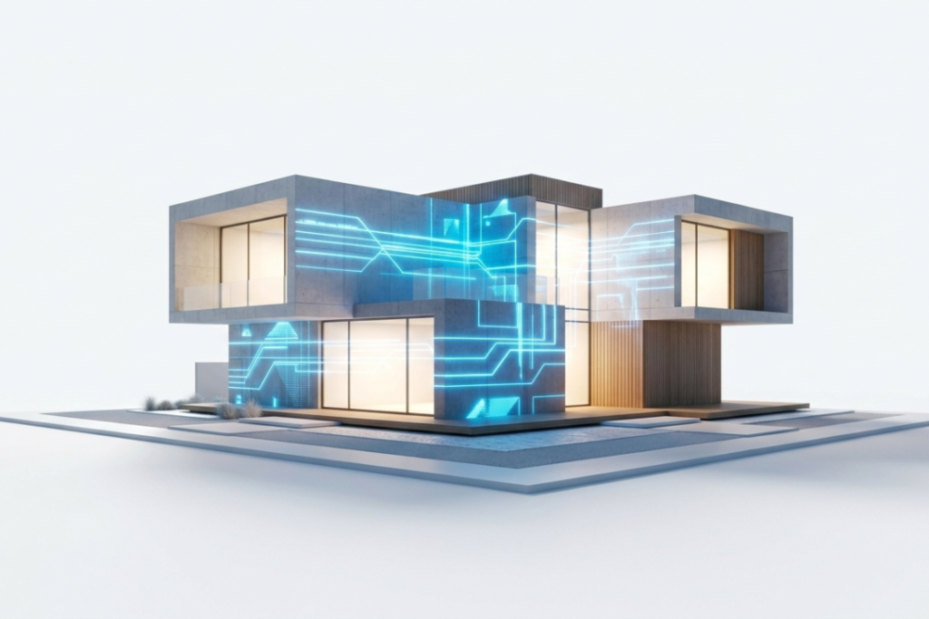 A minimalist architectural 3D render of a modern, solitary luxury house standing alone on a clean white background. Subtle blue data lines glow on the structure, symbolizing exclusive ownership, total privacy, and dedicated resources.