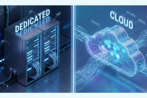 A 3D isometric illustration split down the middle. The left side shows a sleek, glowing physical server rack in a dark data center representing Dedicated Servers. The right side shows a translucent, glowing digital cloud made of interconnected data points representing Cloud Servers.