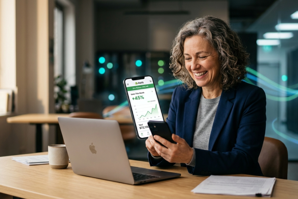 A successful ecommerce store owner happily monitoring their high-traffic online business that stays fast and reliable thanks to cloud hosting.