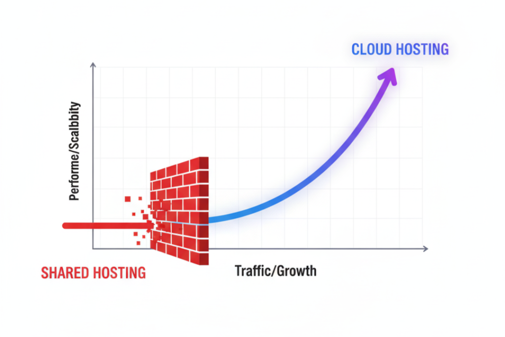 An infographic graph showing shared hosting hitting a performance limit (red wall) while cloud hosting scales upward smoothly as traffic and growth increase.