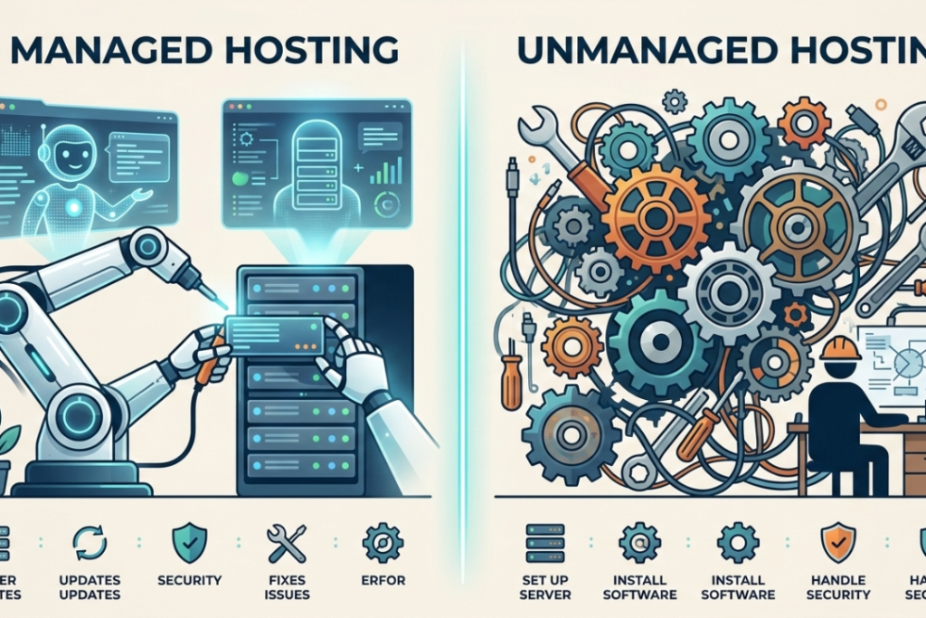 A flat vector conceptual split image. On the left side, a sleek robotic arm carefully maintains a server rack (Managed Hosting). On the right side, a complex, jumbled cluster of gears and mechanical tools represents the manual effort of Unmanaged Hosting.