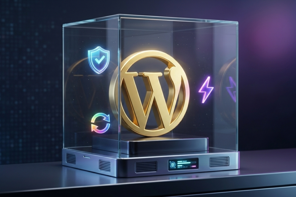 A 3D render of a WordPress logo surrounded by icons representing automatic updates, built-in security, and lightning-fast speed optimization.