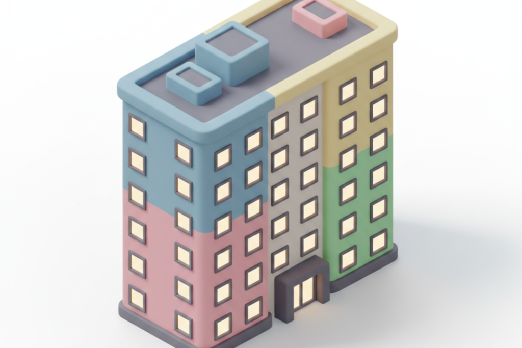 A 3D isometric clay-style illustration of an apartment building with glowing windows, symbolizing multiple websites sharing resources on a single server.