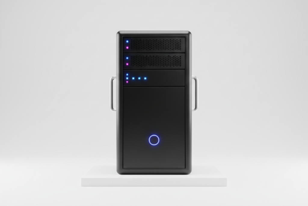 A 3D render of a single metallic server tower on a clean background, symbolizing a dedicated physical server used in traditional web hosting.