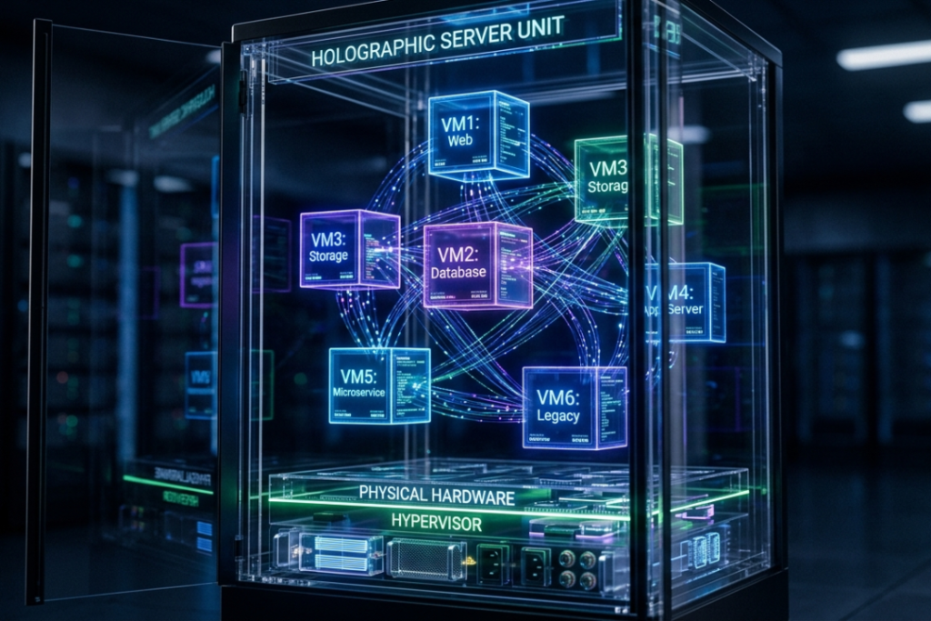 A technical graphic visualizing virtualization where a physical server hosts multiple isolated virtual machines (VMs) and dynamic data flow.