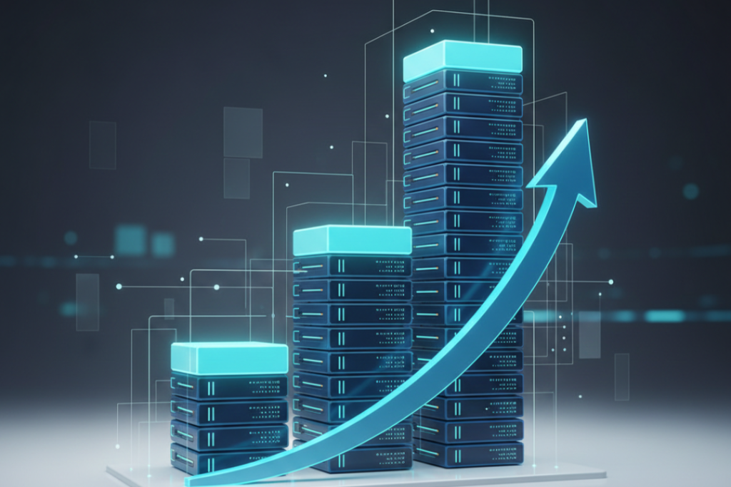 A conceptual digital graph showing a website's growth with icons of server blocks scaling upward to represent flexible resource management.