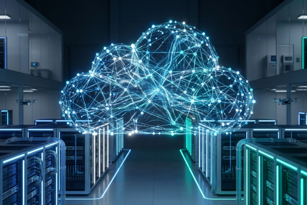 A high-tech visualization of cloud hosting architecture showing a powerful, interconnected network of servers in a modern data center.