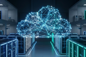 A high-tech visualization of cloud hosting architecture showing a powerful, interconnected network of servers in a modern data center.