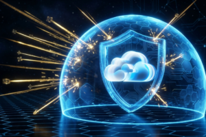 A close-up view of a large, luminous blue translucent dome shield protecting a clean white cloud symbol. Golden data packets are seen striking and deflecting off the dome's surface. The background features a deep blue digital network grid. (A high-tech digital render)