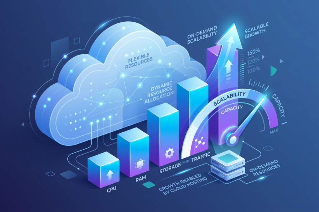 A minimalist conceptual graphic of a bar chart and dial moving upward against a cloud background symbolizing flexible resource growth.