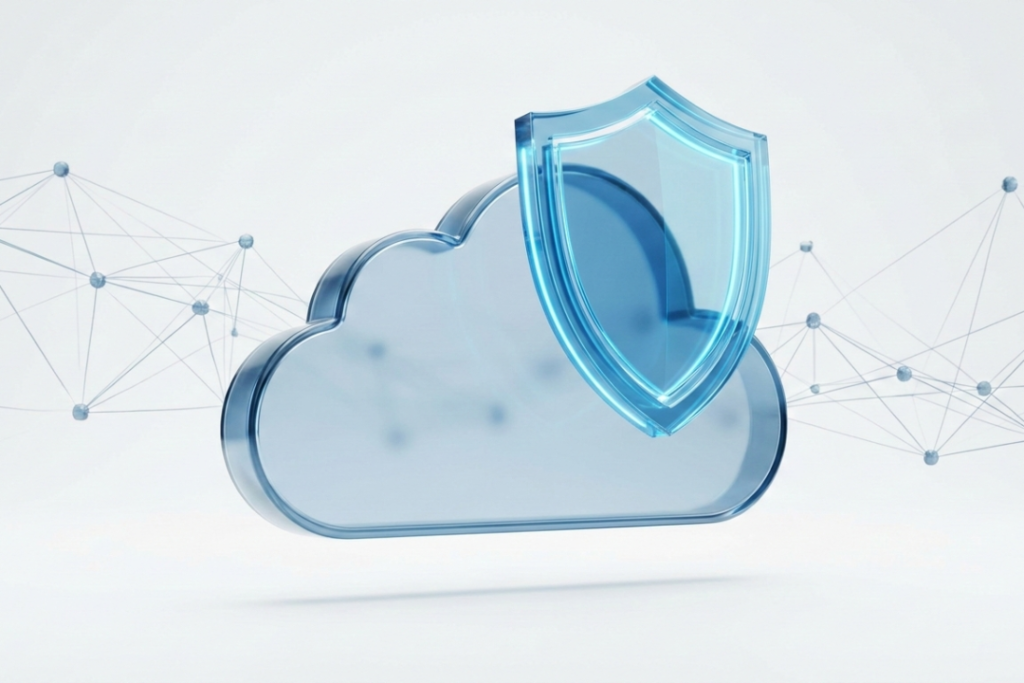 A sleek, 3D high-tech blue glowing translucent shield hovering protectively over a stylized white cloud icon against a minimalist background.