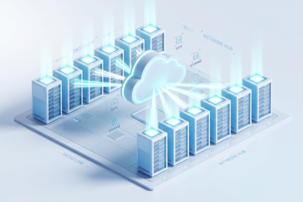 An isometric 3D visualization showing multiple rows of server racks connected by glowing light beams to a central floating cloud hub, representing a cloud server network.