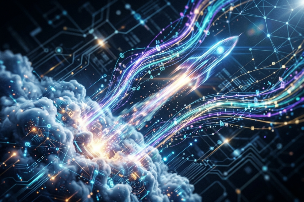 A stylized high-speed digital data stream shaped like a rocket taking off from a cloud base with cinematic lighting.