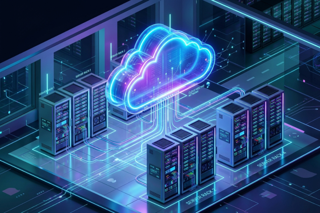 A high-tech 3D isometric representation of a glowing digital cloud connected to multiple server racks with blue and purple neon lighting.