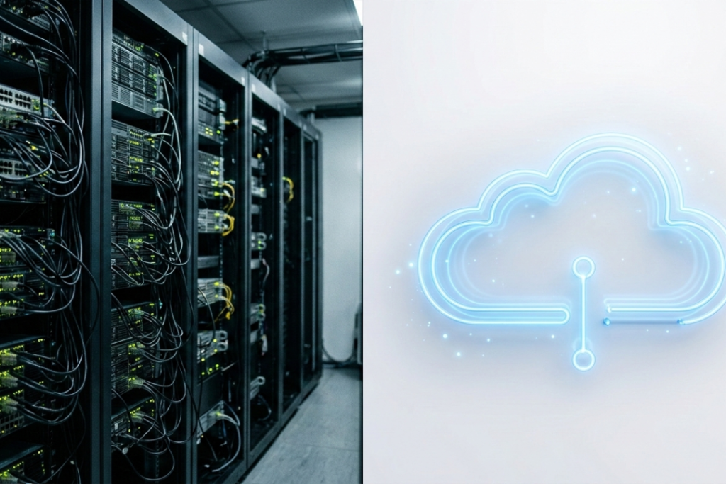 A split-screen visual showing a dark physical server room with cables on the left and a bright, glowing digital cloud icon on the right.