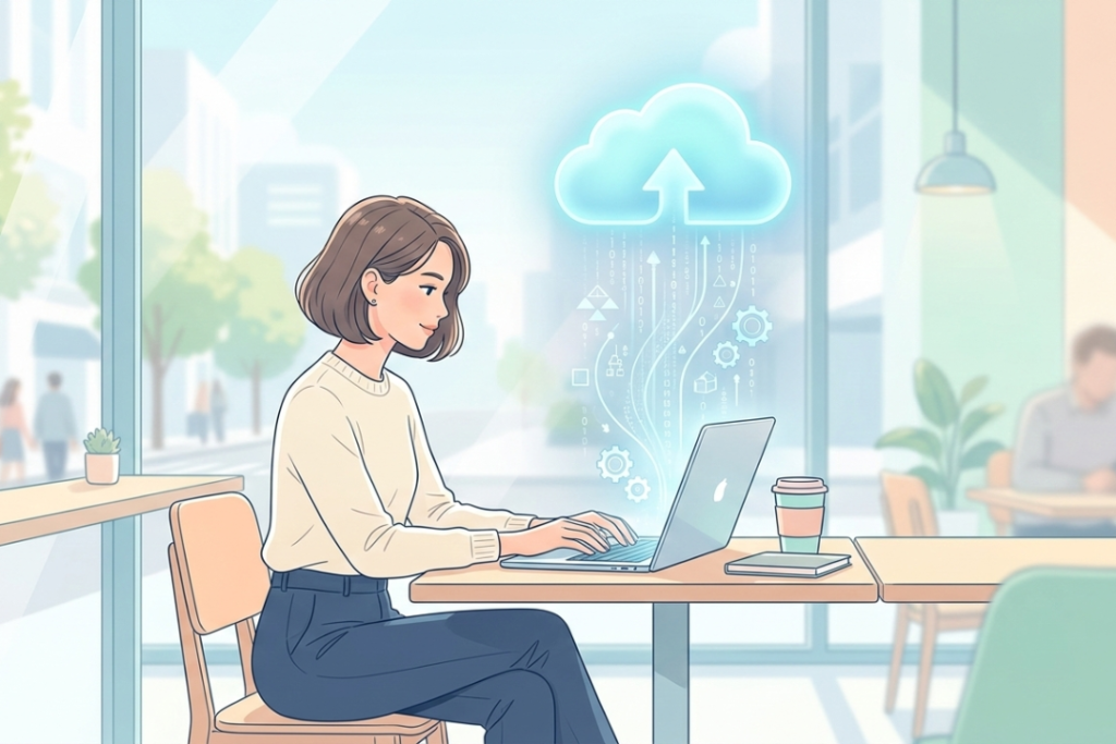 A person working on a laptop in a bright, modern cafe with a digital cloud symbol floating above the screen, representing remote data access.