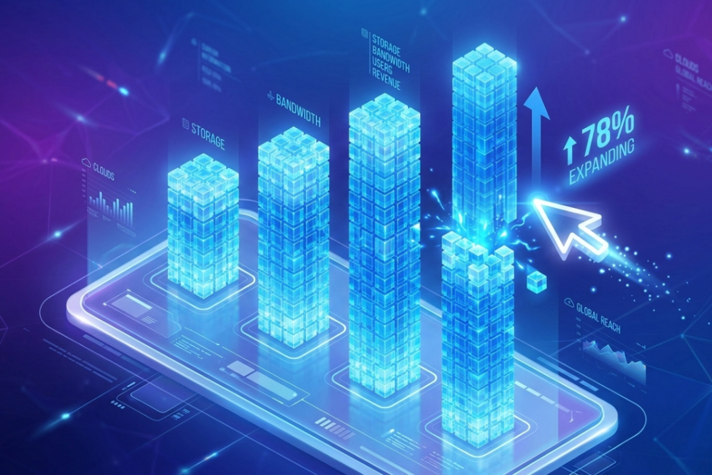 A 3D isometric infographic showing blue data bars being adjusted upward, symbolizing the ability to scale cloud computing resources instantly.