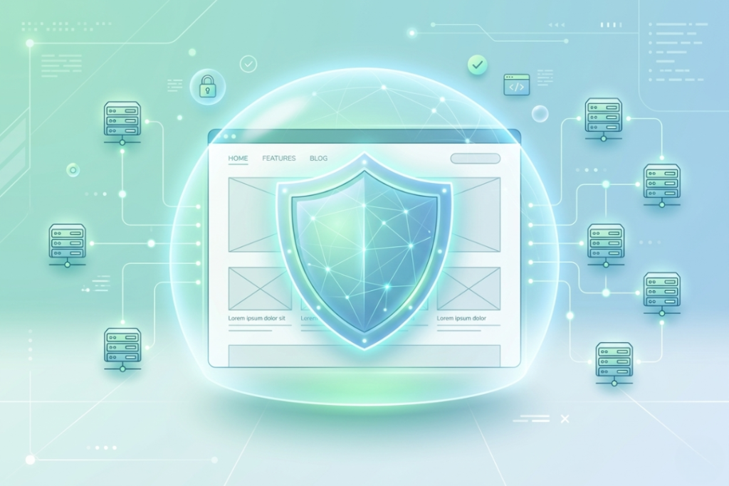 A digital shield icon protecting a website wireframe surrounded by server icons in a soft green and blue color palette.