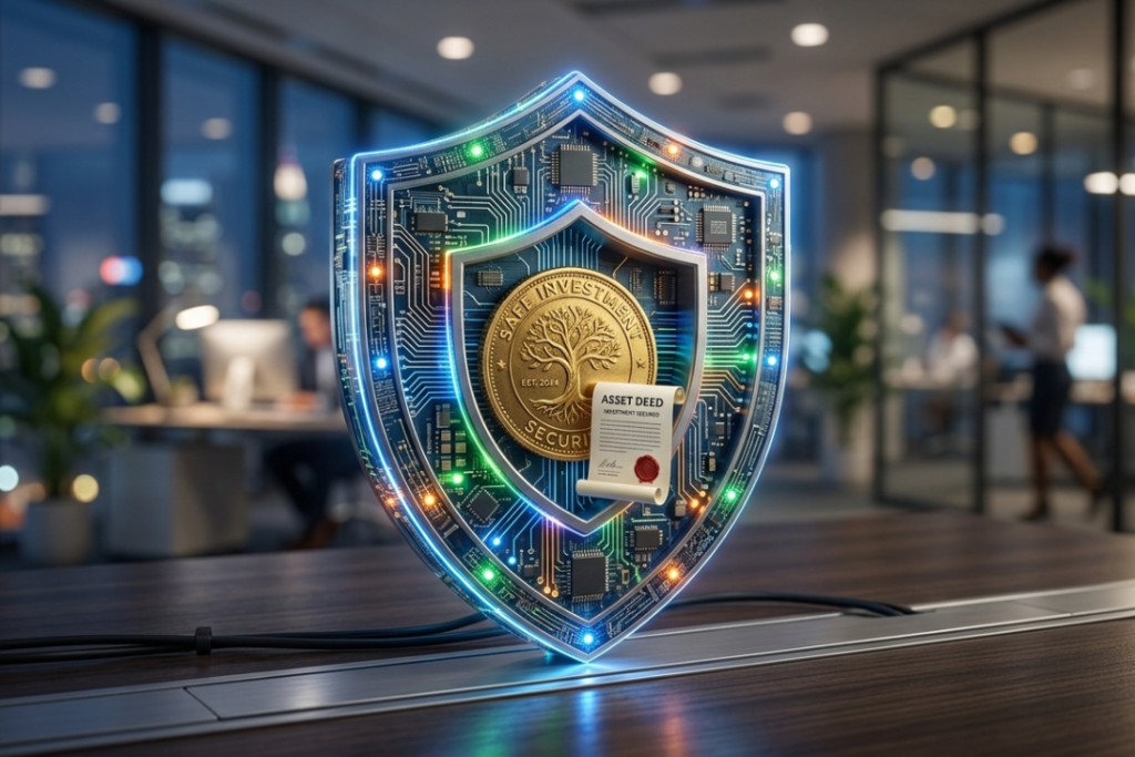 A digital shield icon made of glowing circuits protecting a gold coin, representing the security and cost-effectiveness of cloud solutions.