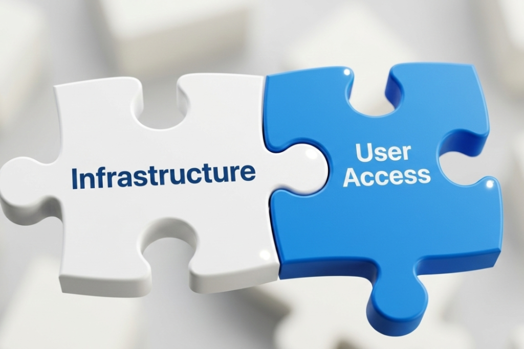 A 3D macro illustration of two large puzzle pieces locking together; a white piece labeled "Infrastructure" connects perfectly to a blue piece labeled "User Access."