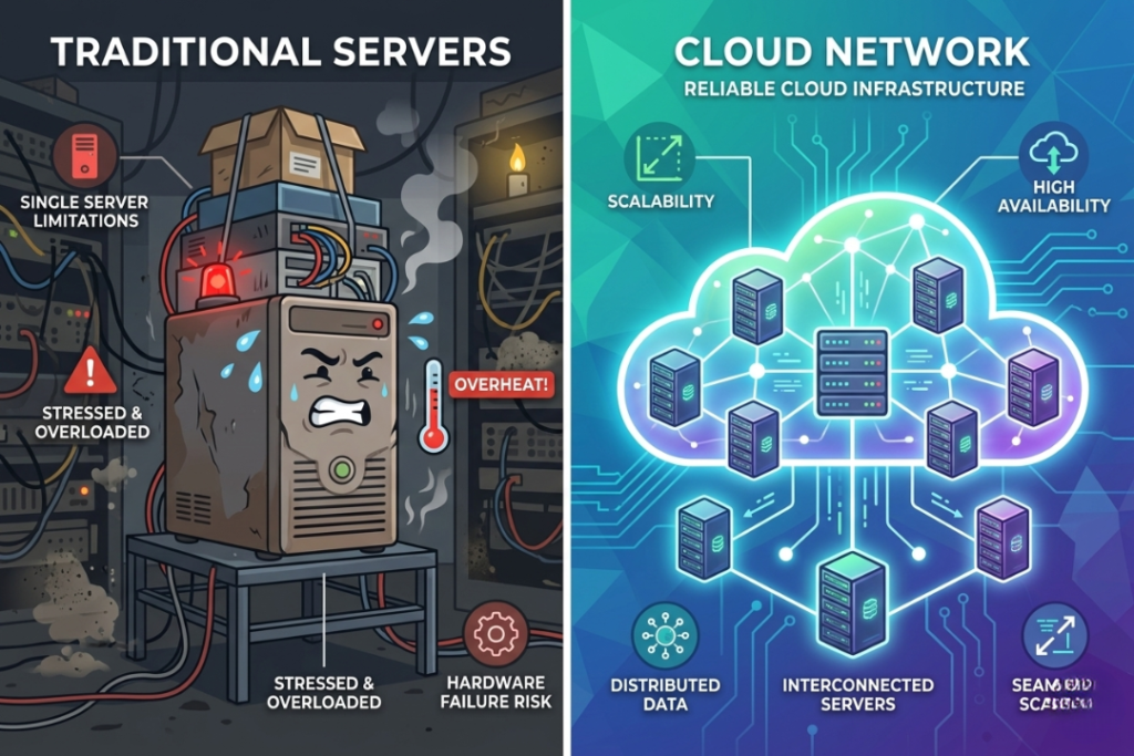 A split-screen illustration showing a stressed physical server tower on the left and a glowing interconnected cloud network on the right.