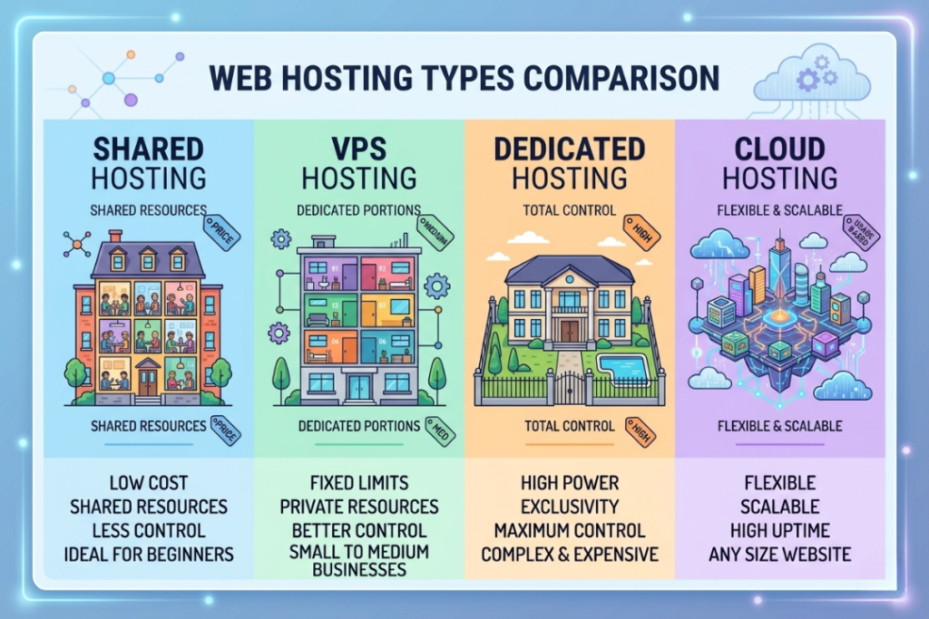 A professional infographic comparing Shared, VPS, Dedicated, and Cloud hosting using house, apartment, mansion, and floating city icons.