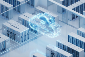 A 3D isometric render of a glowing digital cloud icon floating in a modern white and blue data center with server racks.